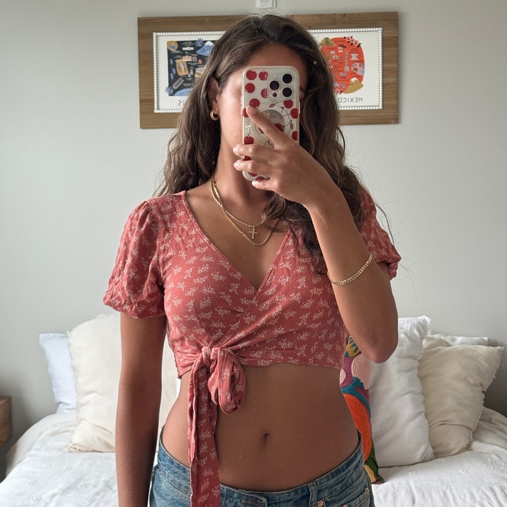 American Eagle Orange Floral Wrap Top